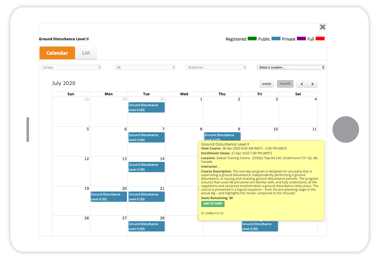 Screenshot of Instructor-Led Training calendar